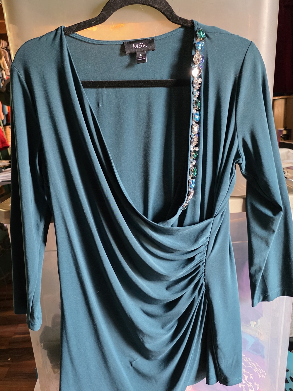 MSK Teal Draped V-Neck Evening Top with Jeweled Shoulder